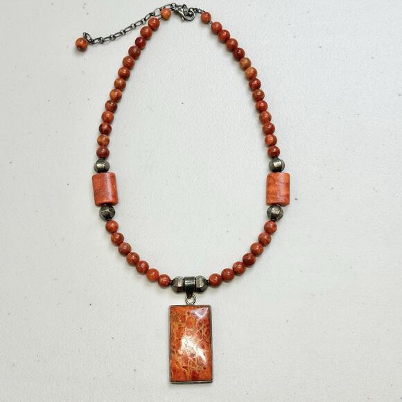 Red Coral Beaded Necklace with Coral Pendant SI 925 Sterling Silver Adjustable - Picture 1 of 7